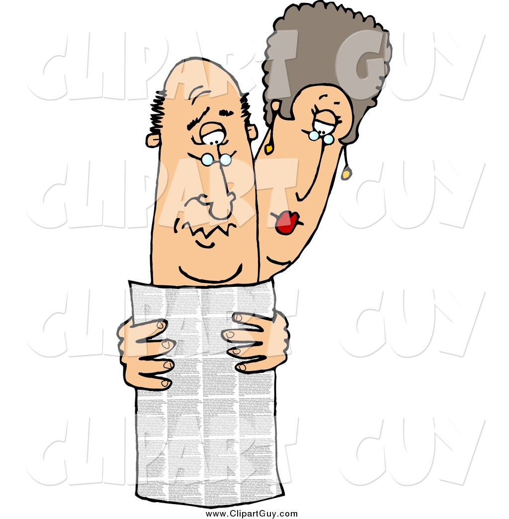 Clip Art of a White Man and Woman Reading the Local Newspaper Together