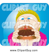 Clip Art of a Blond White Boy Opening His Mouth Wide to Shove in a Whole Cake with Choclate Frosting by Paulo Resende