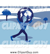 Clip Art of a Blue Man Carrying a Globe over Hills by Prawny