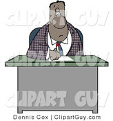 Clip Art of a Bored Black Businessman Writing on Papers at His Office Desk by Djart