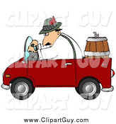 Clip Art of a Caucasian Man Driving a Red Compact Convertible Truck with a Beer Keg in the Back, Delivering Brew to an Oktoberfest Party by Djart