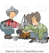 Clip Art of a Cowboy and Cowgirl Crouched Beside a Campfire by Djart