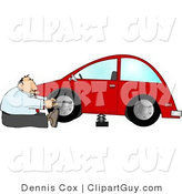 Clip Art of a Handy Businessman Changing a Flat Tire on a Red Compact Car by Djart