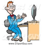 Clip Art of a Happy Red Haired White Computer Geek Man in a Blue Suit, Working on a Computer by LaffToon