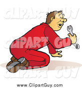 Clip Art of a Male Mechanic in Red Coveralls, Kneeling and Using a Wrench by Snowy