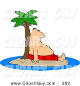 Clip Art of a Man Resting Against a Palm Tree Ashore on a Deserted Island Surrounded by Water by Djart