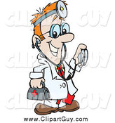 Clip Art of a Red Haired White Male Medical Doctor Carrying a First Aid Bag and Using a Stethoscope by Dennis Holmes Designs