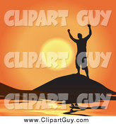 Clip Art of a Silhouetted Cheering Successful Man Atop a Coastal Mountain Against an Orange Sunset by Arena Creative
