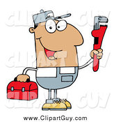 Clip Art of AHappy Hispanic Plumber Man Carrying a Wrench and Tool Box by Hit Toon