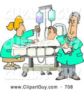 Clip Art of AHelpful Nurse and Doctor Caring for a Hospitalized Man Attached to an IV Fluid Drip Line by Djart