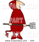 Clip Art of an Evil Red Halloween Devil Wearing a Costume and Holding a Pitchfork by Djart