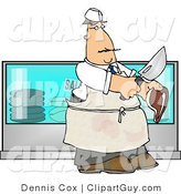 Royalty Free Clip Art of a Butcher Holding a Cow Meat Steak and a Knife in Front of His Store by Djart