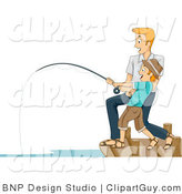 Vector Clip Art of a Man Helping His Son Reel in a Big Fish - Royalty Free by BNP Design Studio