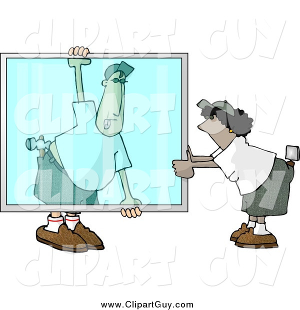 Clip Art of a Apprentice Glazier Adjusting a Big Glass Window