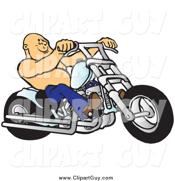 Clip Art of a Bald Shirtless Biker Dude Riding His Chrome Chopper