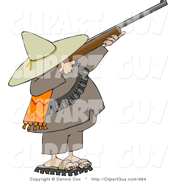 Clip Art of a Bandito Aiming a Rifle and Getting Ready to Shoot at Something