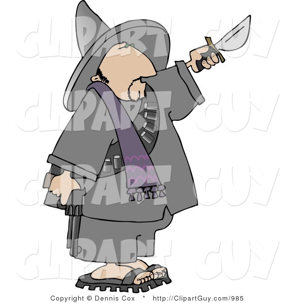 Clip Art of a Bandito Pointing a Gun down and Knife up
