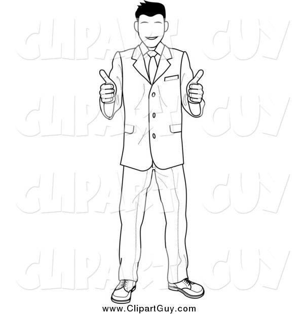 Clip Art of a Black and White Satisified Customer or Boss Smiling and Giving Two Thumbs up