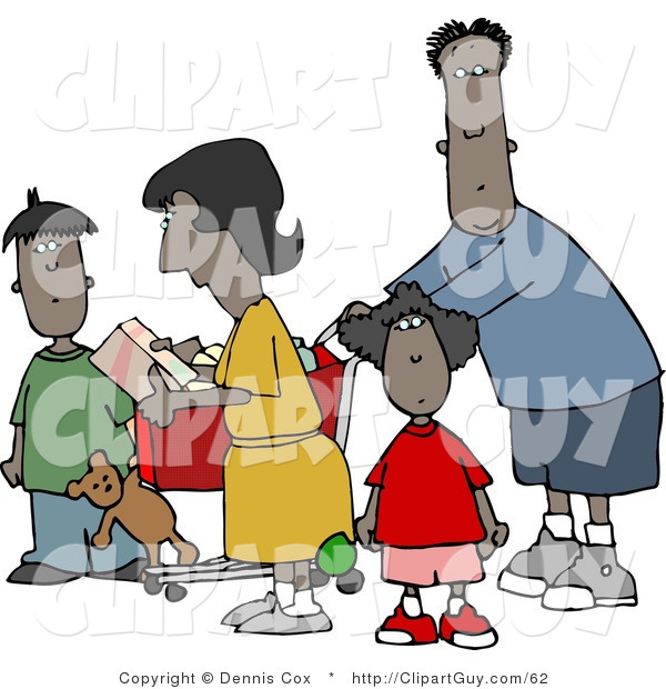 Clip Art of a Black Family of Four Shopping Together at a Grocery Store