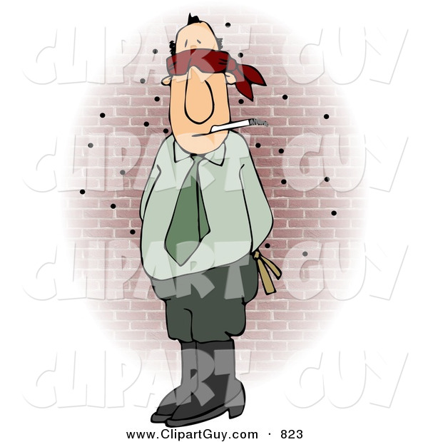 Clip Art of a Blindfolded Caucasian Businessman Standing and Waiting for His Execution by the Firing Squad