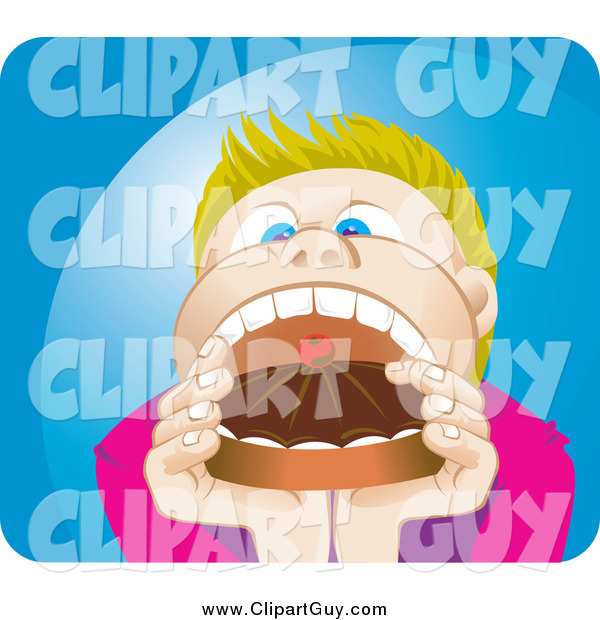 Clip Art of a Blond White Boy Opening His Mouth Wide to Shove in a Whole Cake with Choclate Frosting
