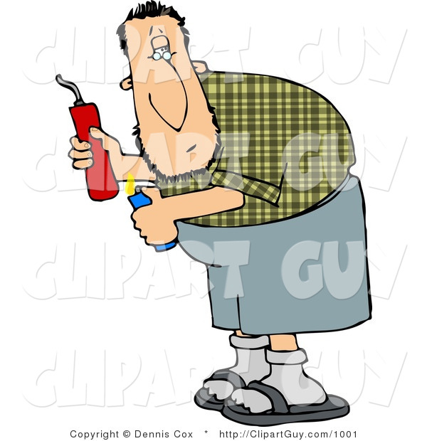 Clip Art of a Bomber Man Looking over His Shoulder Before Lighting a Stick of Dynamite