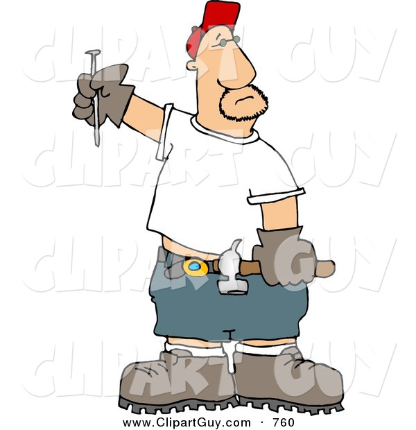 Clip Art of a Bored Male Carpenter with a Hammer and Nail, Ready to Work