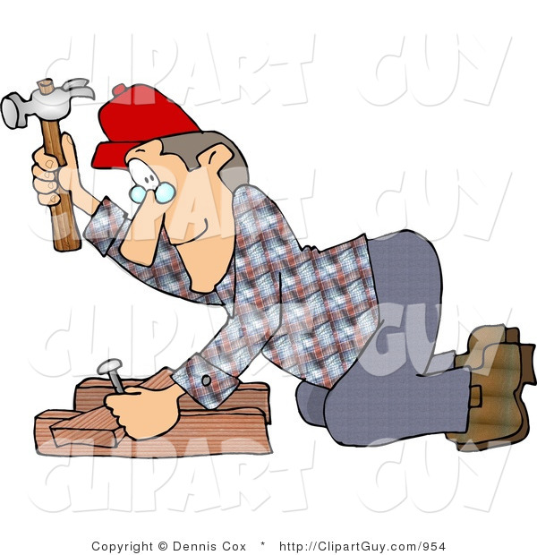 Clip Art of a Carpenter Man Hammering a Nail Through Wood Beams