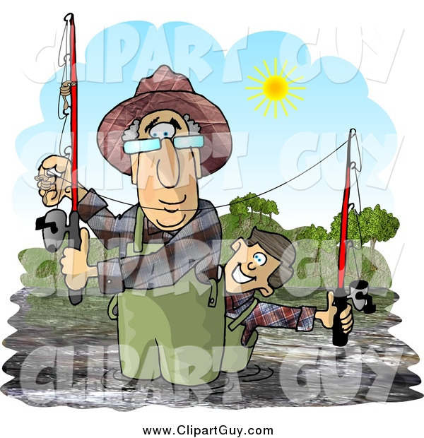 Clip Art of a Caucasian Grandpa and Grandson Fishing in a River on a Sunny Day