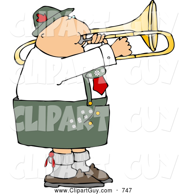 Clip Art of a Caucasian Male German Trombone Player Playing His Brass Instrument by Himself