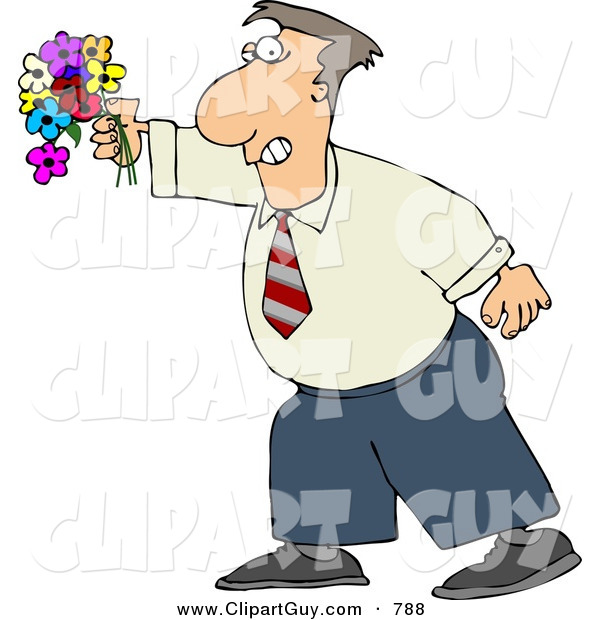 Clip Art of a Caucasian Man Holding a Colorful Bouquet of Flowers with a Grin on His Face