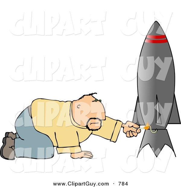 Clip Art of a Caucasian Man Lighting the Fuse on His Model Rocket