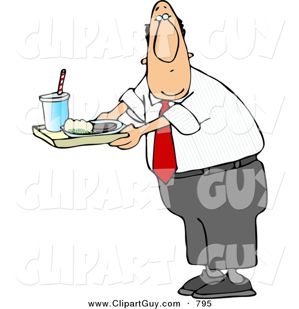 Clip Art of a Caucasian Teacher Man Carrying Food on a School Lunch Tray in a Cafeteria