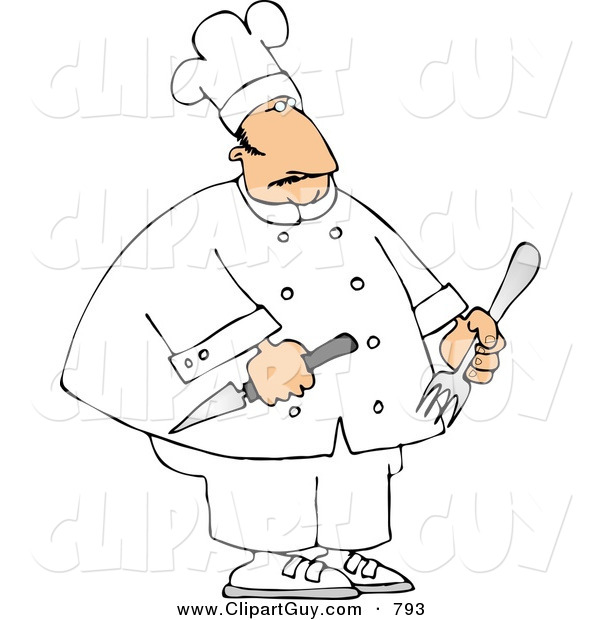 Clip Art of a Chubby Overweight Male Restaurant Chef Holding a Fork and Knife