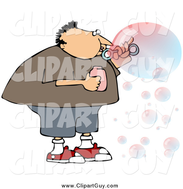 Clip Art of a Chubby White Boy or Man Blowing Transparent and Colorful Bubbles