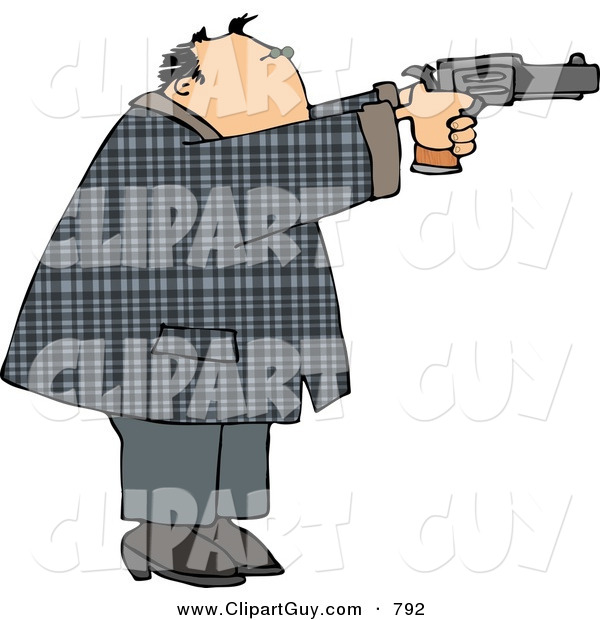 Clip Art of a Convicted Male Criminal Pointing and Shooting a Gun and Looking Right