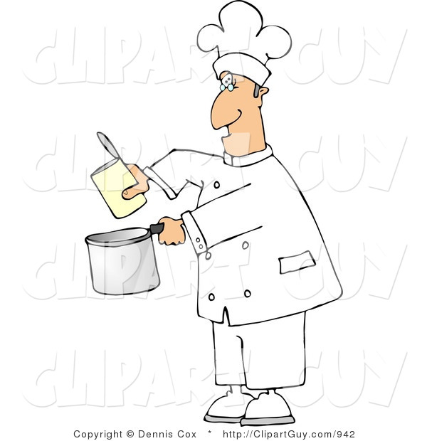 Clip Art of a Cook Pouring Food from a Can into a Cooking Pan
