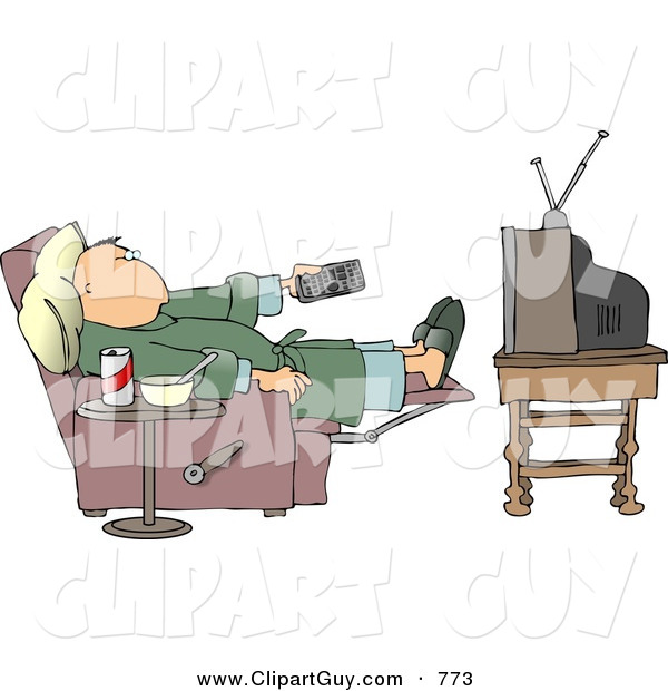 Clip Art of a Couch Potato Man in His Pajamas Holding the TV Remote Controller