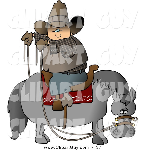 Clip Art of a Cowboy Sitting on Horse Saddle Backwards While Holding Reins