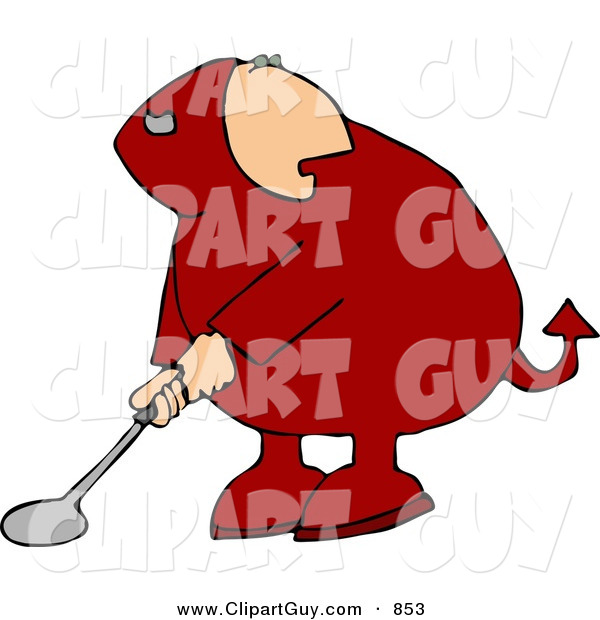 Clip Art of a Devil Playing Golf Game on White