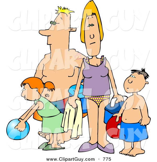 Clip Art of a Family Looking Around As They Arrive at the Ocean Beach