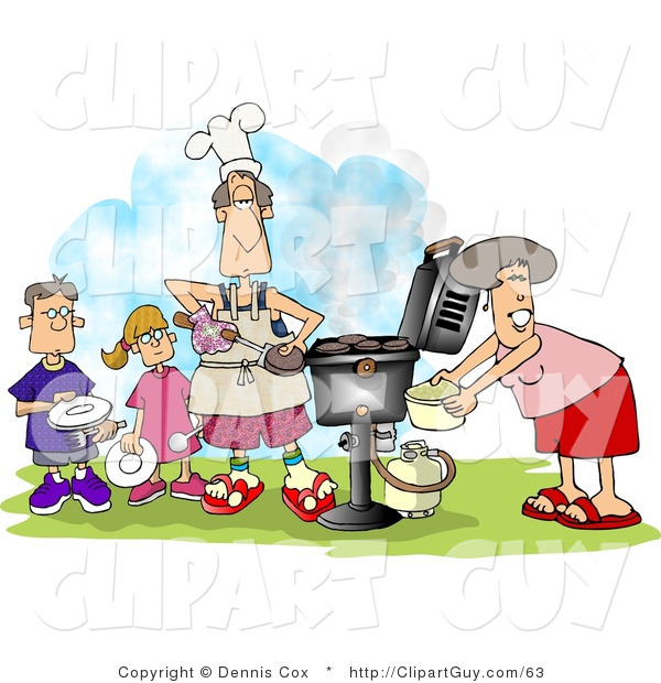 Clip Art of a Family Outside, Cooking at a BBQ