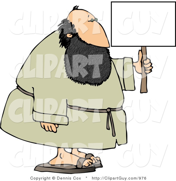 Clip Art of a Fat Bearded Man Holding a Blank Advertising Sign