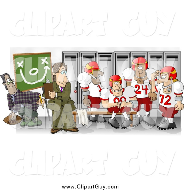 Clip Art of a Football Coach in the Locker Room with His Players