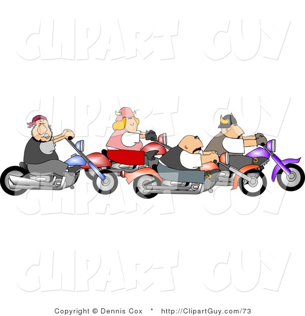 Clip Art of a Gang of Biker Men and Woman Riding Motorcycles Together As a Group
