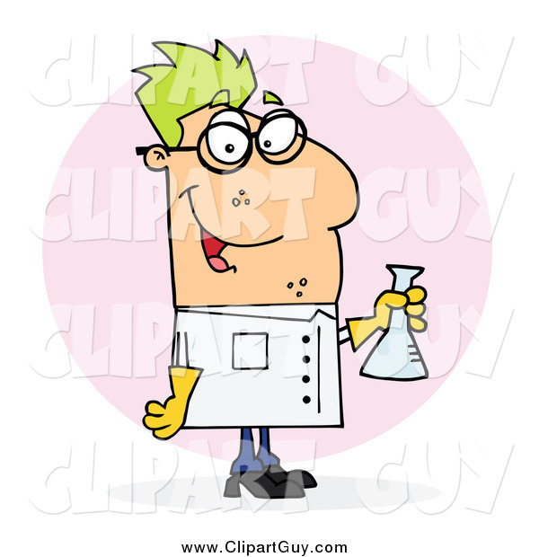 Clip Art of a Green Haired Mad Scientist Man Carrying a Flask