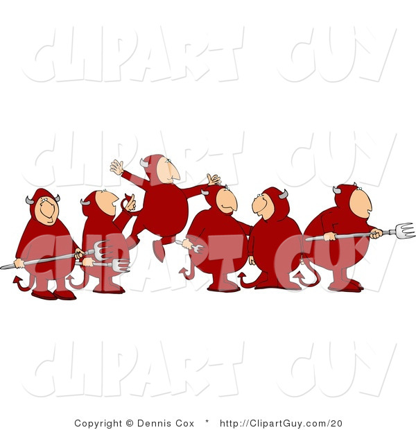 Clip Art of a Group of Devil Men with Pitchforks