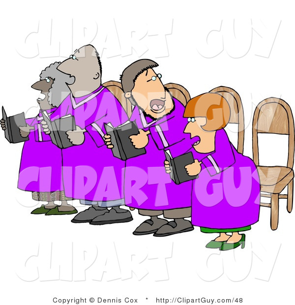 Clip Art of a Group of Four Men and Women in a Church Chorus Singing from a Bible Books