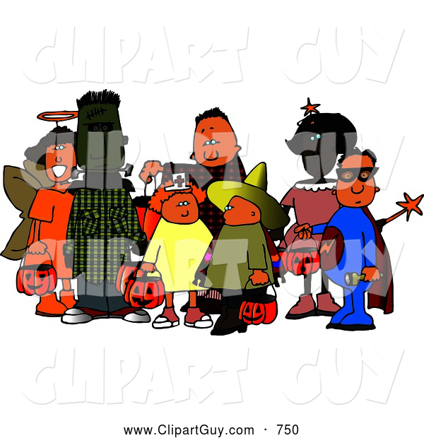 Clip Art of a Group of Male and Female Halloween Trick-or-treaters Standing Together