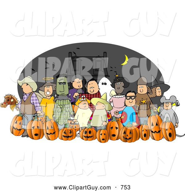 Clip Art of a Group of Nighttime Halloween Trick-or-Treaters Wearing Costumes and Standing Together As a Group
